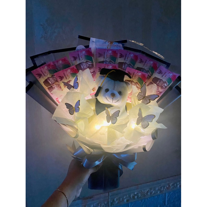 Buket uang kosong LED kupu kupu boneka wisuda cellophane