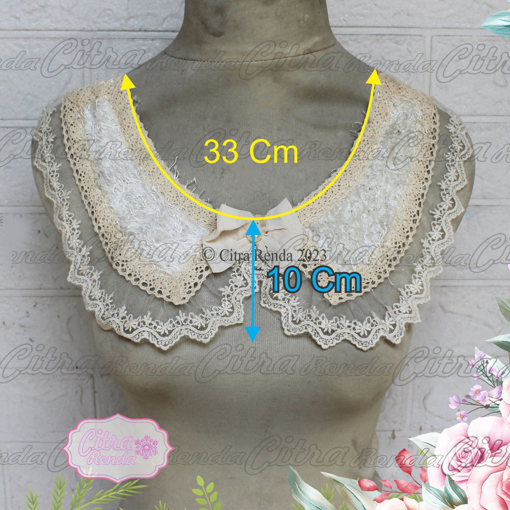 (Per Pcs) AP569 Kerah Bordir Tempel Mewah / Kerah Renda Leher Cantik Krem Muda