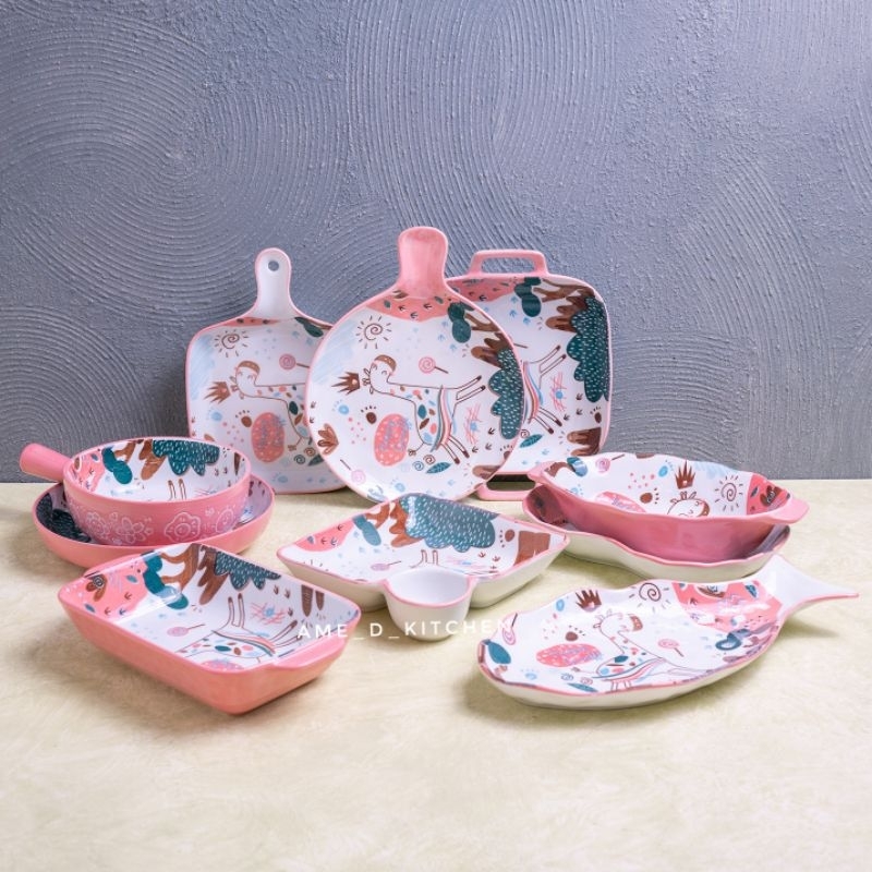 Piring saji set, Piring baking, Mangkok gagang keramik pink korea unik, lucu happy giraffe cartoon p