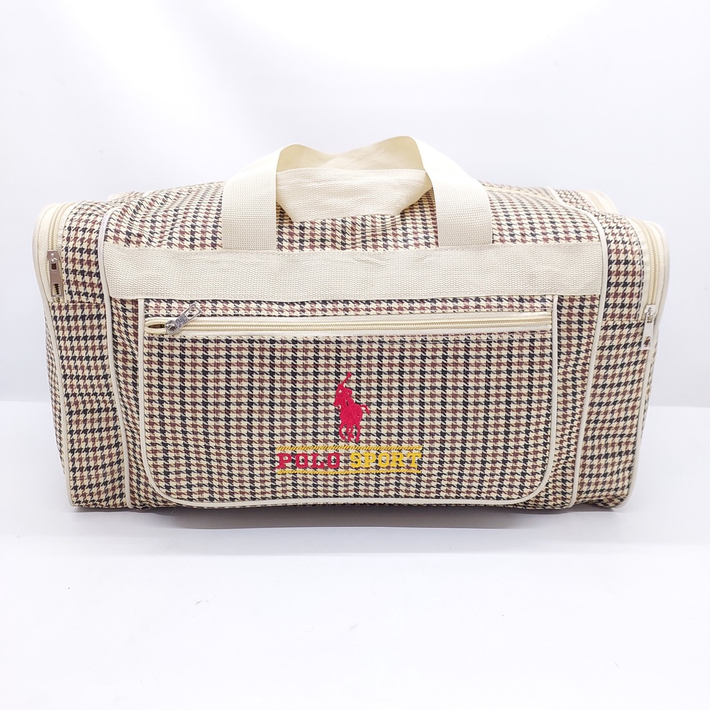[FOOKBAG] Tas Duffel Pakaian Traveling Polo Motif Kotak Bahan  Tekkstil Kain Kanvas Free Tali Selemp
