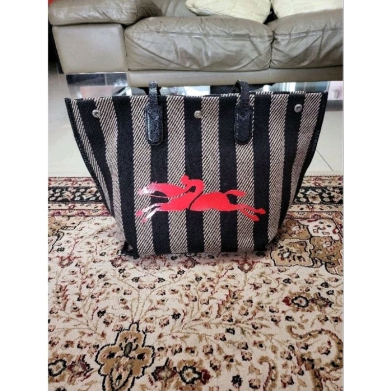 Longchamp Roseau Large Stripe Canvas Shopper Bag Beige