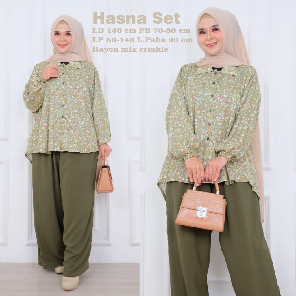 Setelan Wanita Atasan Celana Panjang Kemeja Tunik LD 140 Super Jumbo Besar Motif Bunga Polkadot Muat