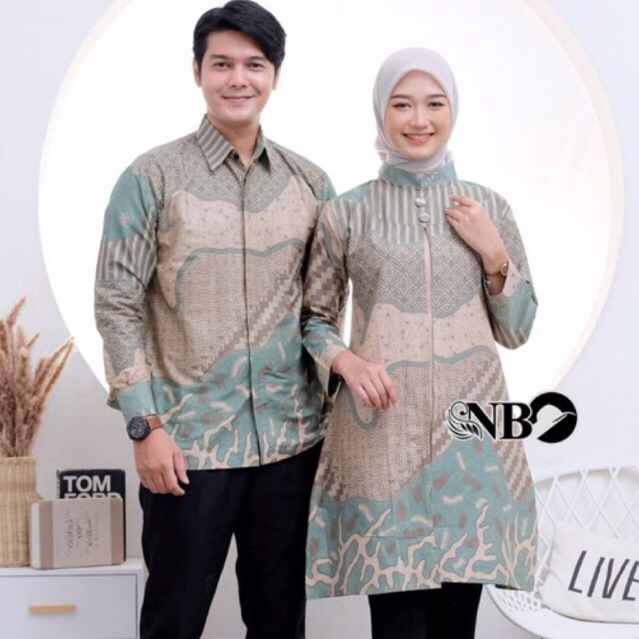 Baju Batik Original Tunik Kemeja Couple Sarimbit Lengan Panjang Motif Inara Sage Katun  M-XXXL Jumbo