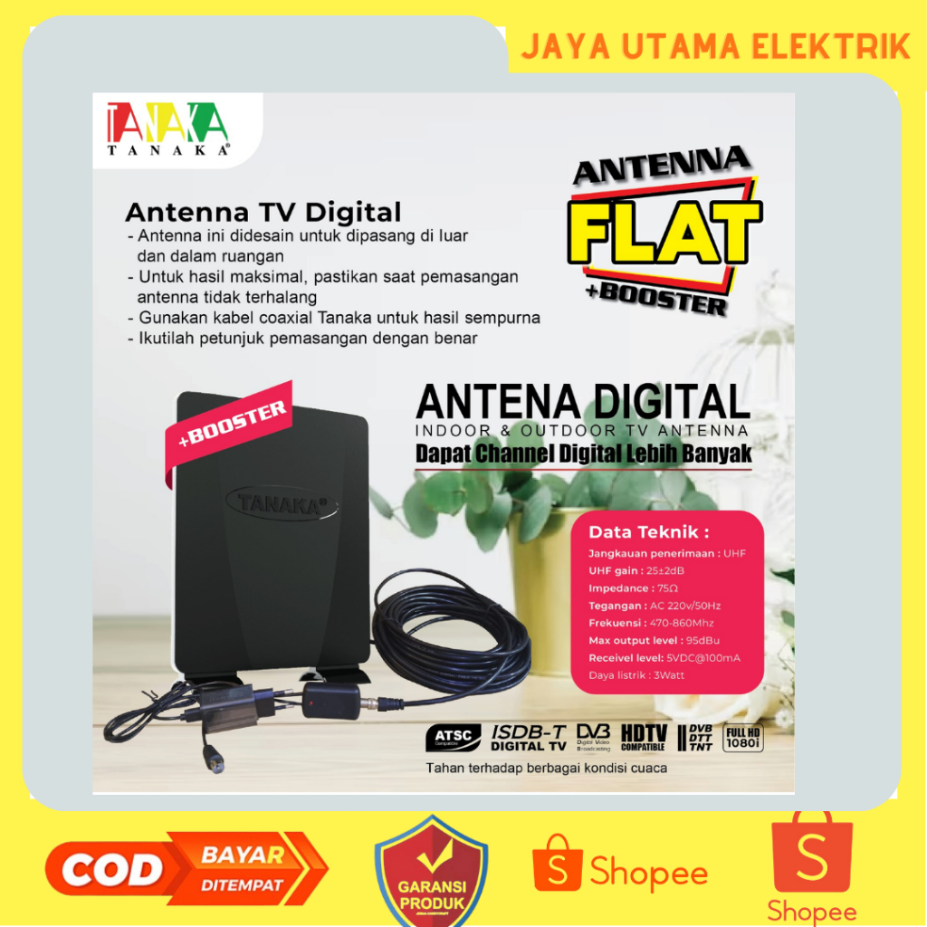ANTENA TV DIGITAL MEREK TANAKA FLAT +BOSTER INDOOR OUTDOOR