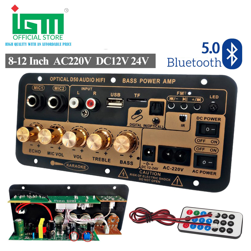 IGM-D50 DIY Amplifier Board 35-300W Power Amplifier Board Bluetooth 5.0 USB FM Subwoofer 8-12 Inch Digital Stereo Audio Power Amplifier 12V 24V 220V