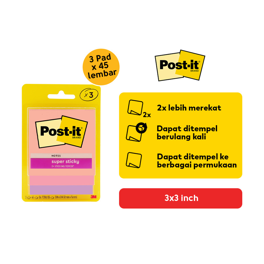

Tokiko Post-it 3M Super Sticky Notes 3x3" 45Lembar (Isi 3 Pad) 3321-3SSJP FLA