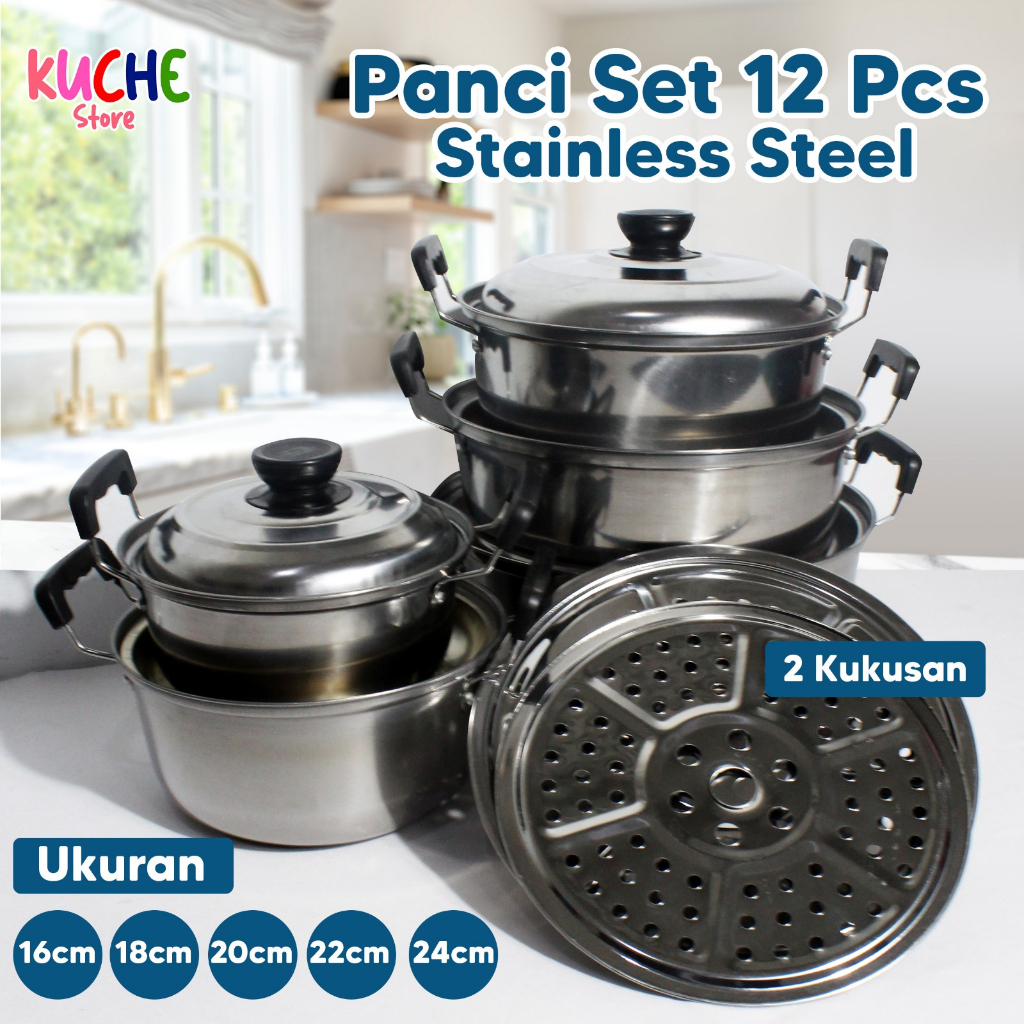 Panci Set 12pcs / Panci Set Stainless Steel / Panci Banyak Ukuran Bahan Stainless Steel