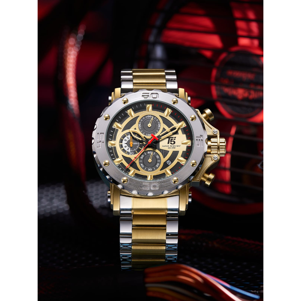 Jam Tangan Pria T5 H 3702G Original Tali Rantai Water Resistance Chrono Aktif Inc.Box