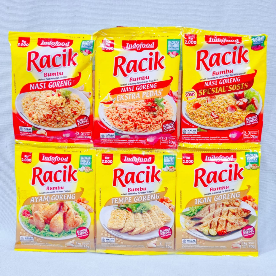 

Indofood Bumbu Racik Bumbu Ayam Goreng / Ikan Goreng / Tempe Goreng / Nasi Goreng / Nasi Goreng Extra Pedas / Nasi Goreng Spesial Sosis (2 Pcs)