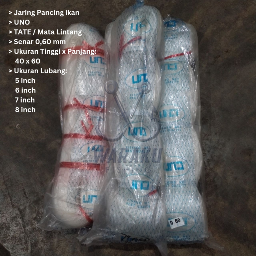 Jaring Ikan / Pukat UNO 0.60 Lubang 5 inch ~ 8 inch 40x60 TATE