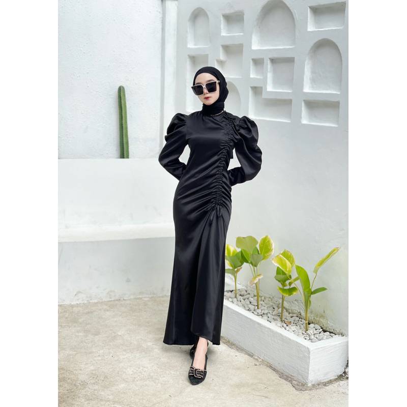 Mimosa Dress Serut Samping Satin Silk Premium | Gamis Serut Wanita Kondangan | Dress Satin Bridesmai