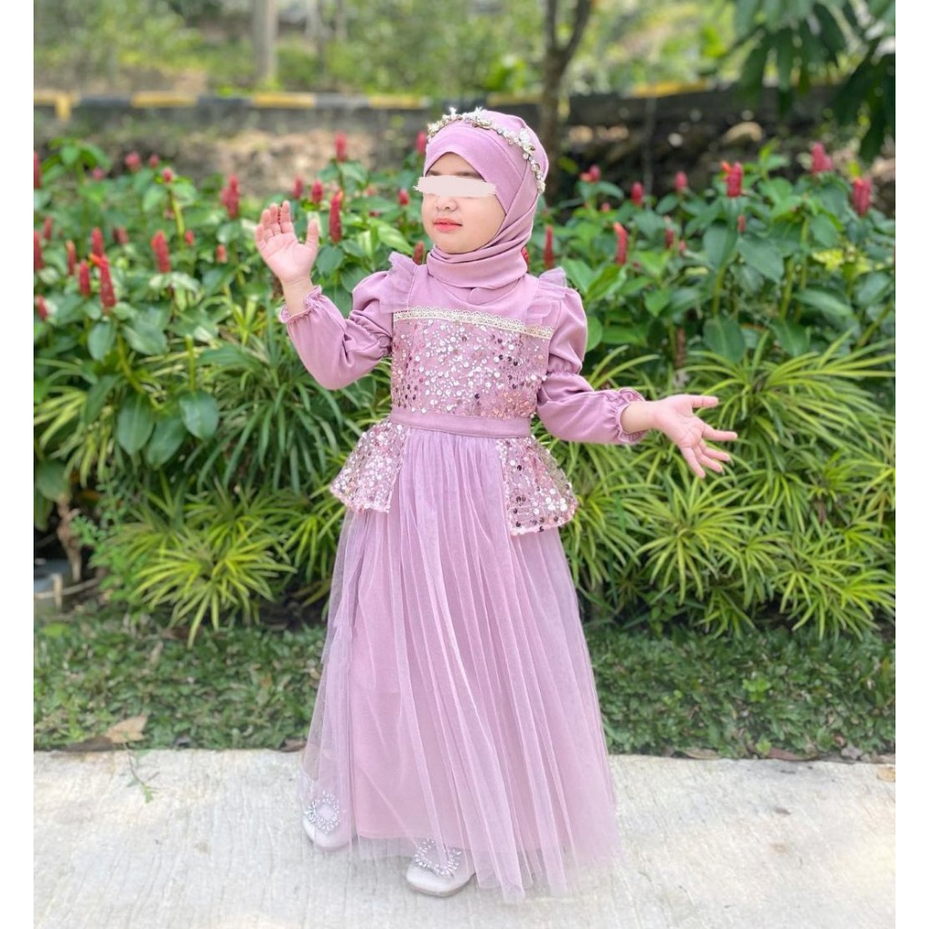 Gamis barbie/Baju brokat anak Perempuan/Gaun pesta anak plus hijab/Gamis anak tangan balon/set gaun 