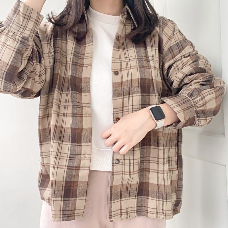 kemeja flanel lengan panjang remaja bestseller-Best korean cokelat