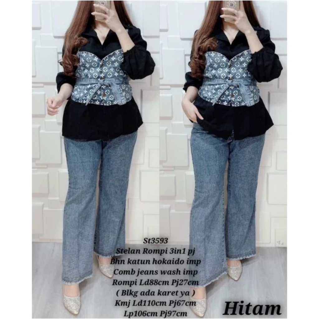 SETELAN KEMEJA VEST ROMPI MIX JEANS TERMURAH BISA COD / ONE SET WANITA BEST SELLER / SET CELANA PANJ