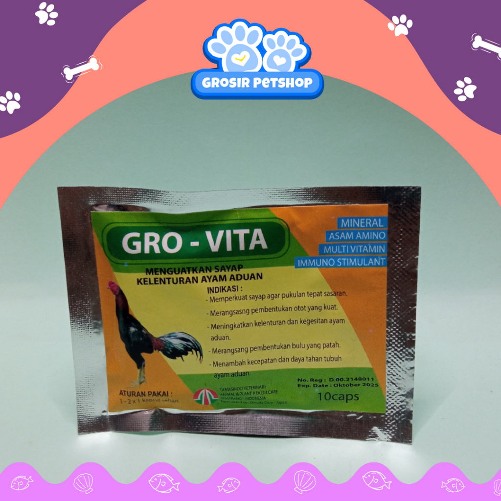 GRO VITA 10 KAPSUL - VITAMIN MEMPERKUAT OTOT AYAM - MENINGKATKAN KELENTURAN OTOT FAN MEMBENTUK OTOT 