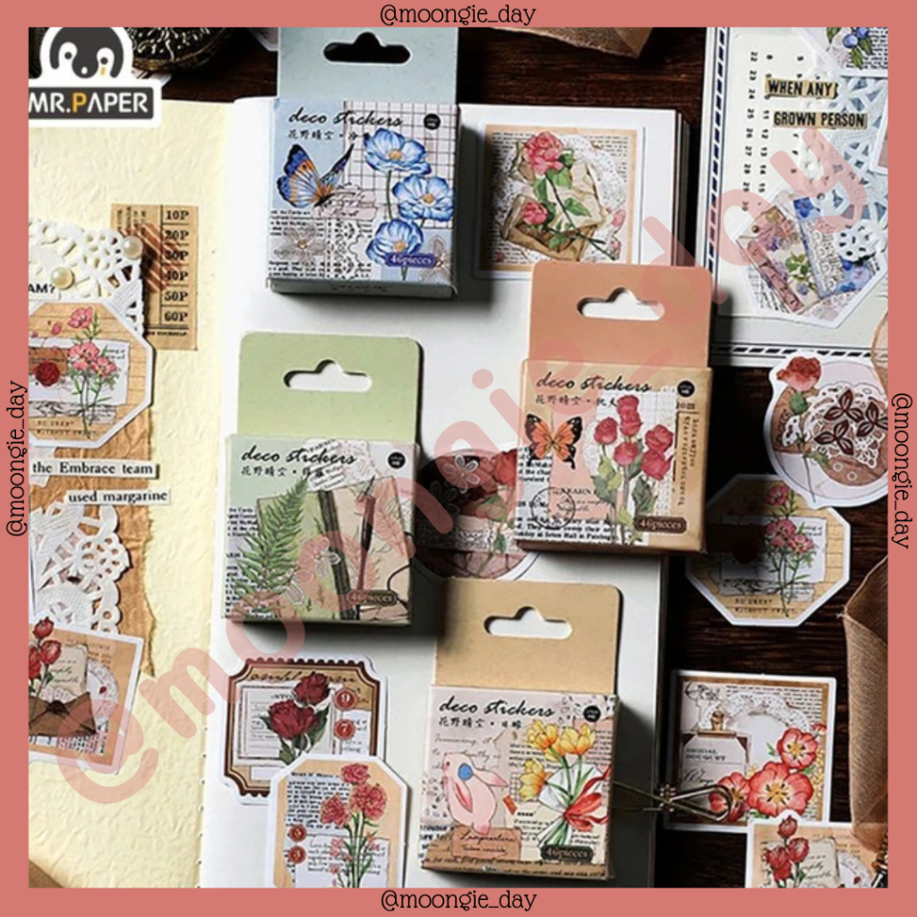 

40-46 PCS/BOX STIKER KERTAS TEMA BUTTERFLY RABBIT ROSE NEWSPAPER PAPER VINTAGE BULLET JURNAL DIY DIARY PLANNER SCRAPBOOK LUCU MURAH