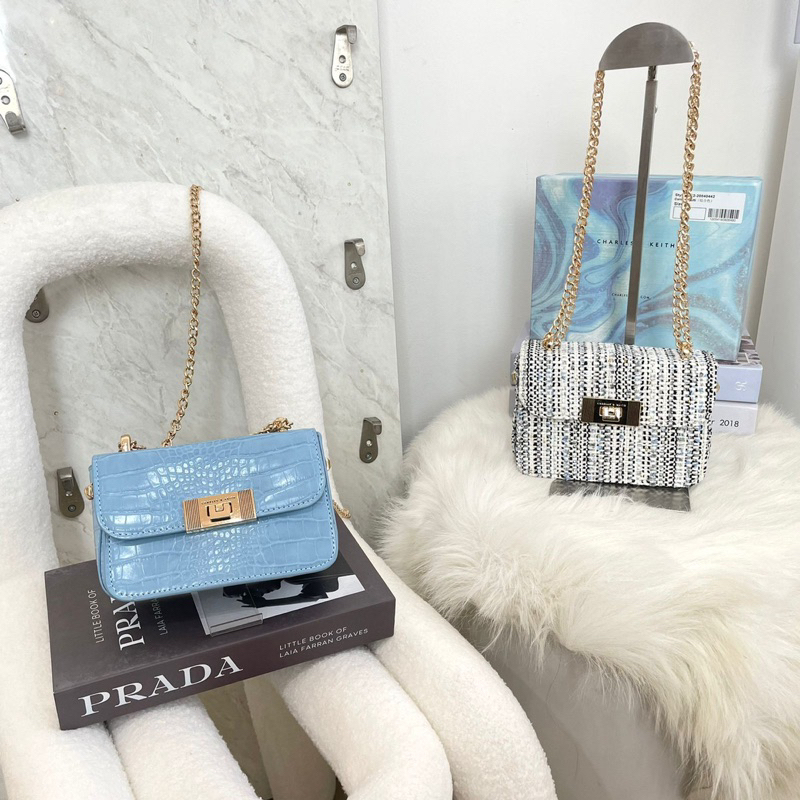 GIFTSET Shoulderbag slingbag 2in1 ck tweed croco tas selempang bahu FREE BOX tas pesta casual dailyb