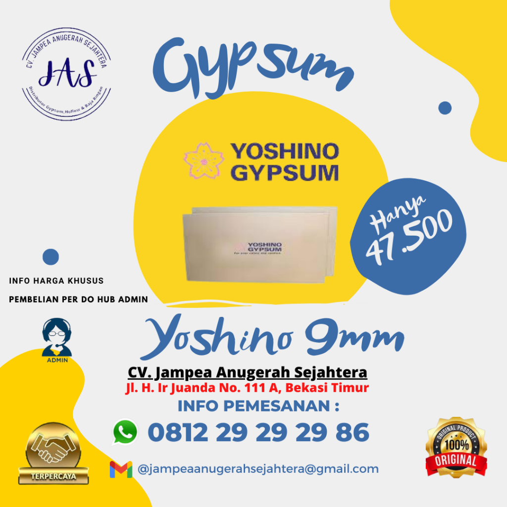 GIPSUM YOSHINO 9mm /GYPSUM YOSINO PARTISI PLAFON GIPSUM 1,2 x 2,4 M