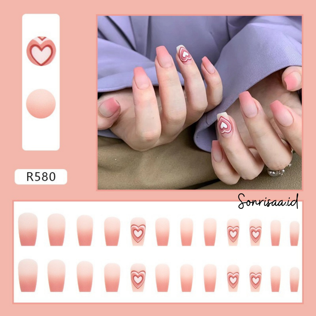 Kuku Palsu Motif Love Peach 24pcs (R580) / Nail Art / Fake Nails / Kuku Palsu Panjang