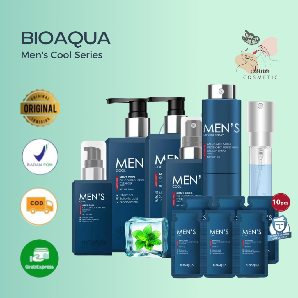 BIOAQUA Men's Cool Skincare Oil Control Brightening Toner 120ml | Essence 50ml | Cleanser 200ml | Tr