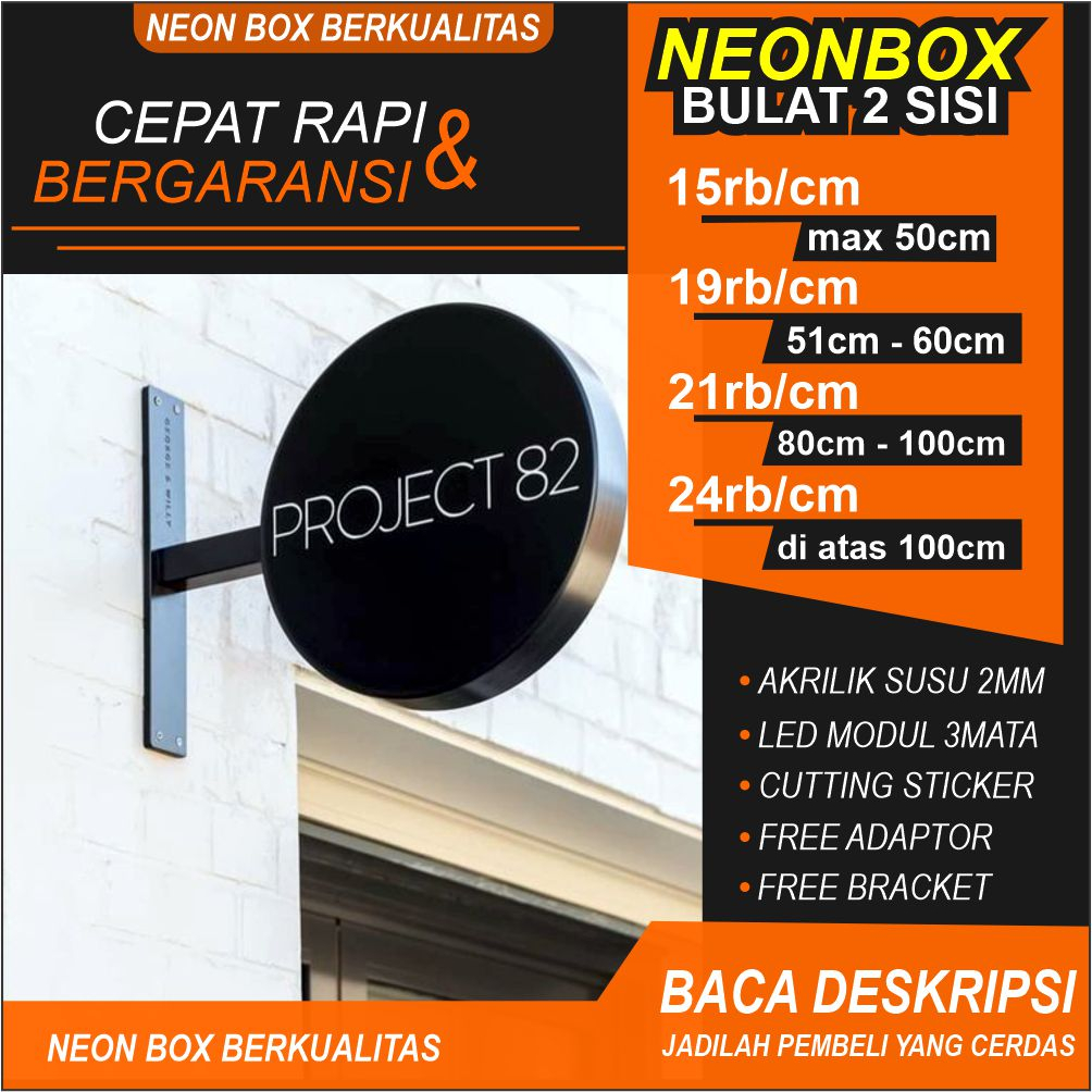 Plang Nama Usaha/Toko NEONBOX Lampu Led Bulat/bundar Outdor Akrilik Custom DuaSisi/2Muka Nyala Free 
