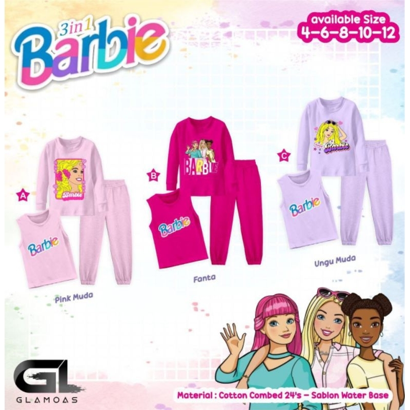 Setelan Barbie Anak Perempuan GL Glamoas Set Piyama 3in1