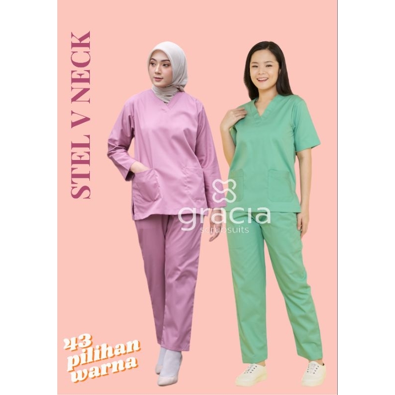 GRACIA SCRUBSUITS - SATU STEL scrub / baju oka / ok / baju jaga dokter / dokter hewan perawat V NECK
