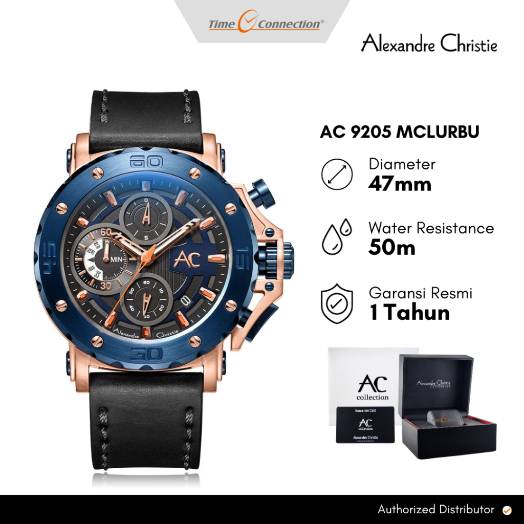 Alexandre Christie AC 9205 MCLURBU Biru Rosegold Original / Jam Tangan Pria Analog Kulit AC Collecti