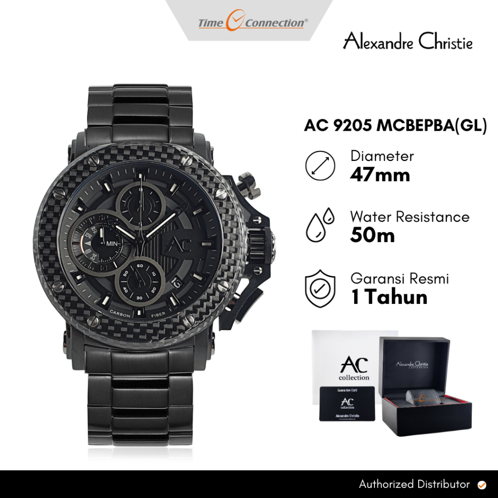 Alexandre Christie AC 9205 MCBEPBA(GL) Hitam Carbon Original / Jam Tangan Pria Karbon Rantai AC Coll