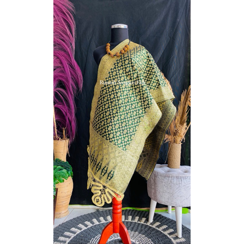 Selendang songket hijau botol gold