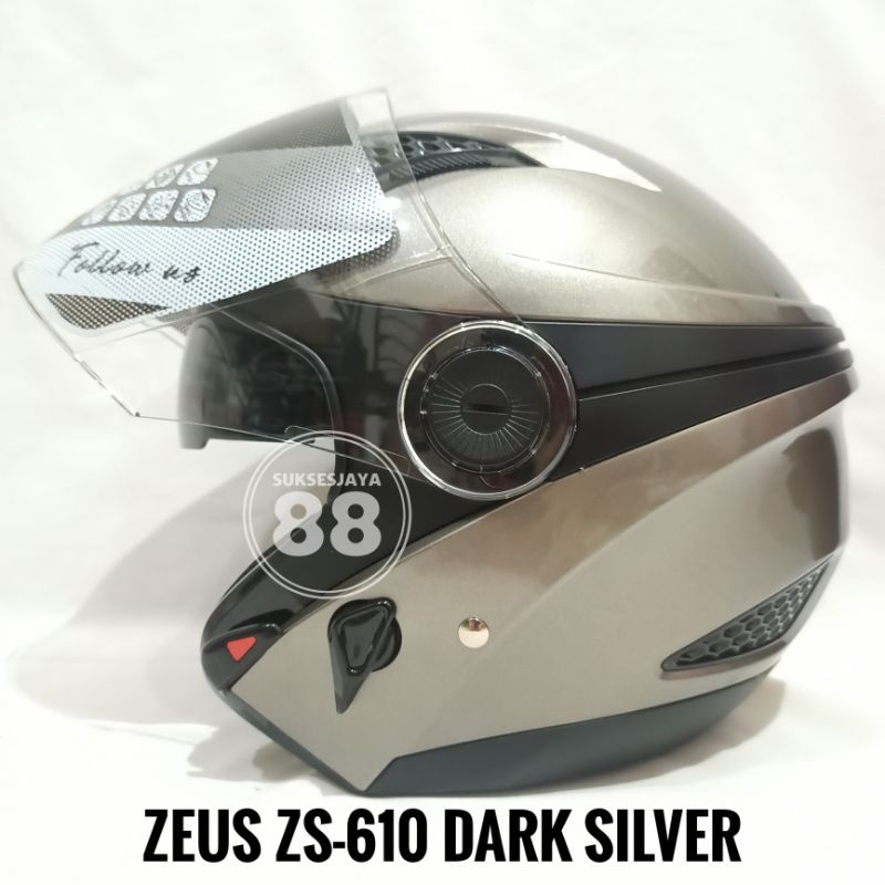 Zeus ZS-610 Dark Silver Helm Half Face Double Visor ZS610