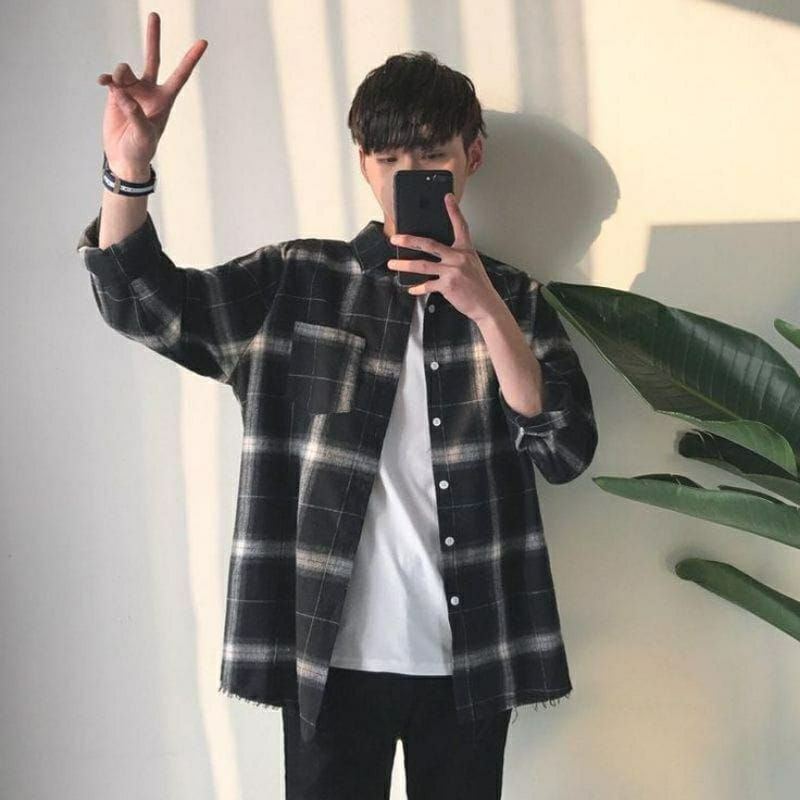 kemeja flanel lengan panjang remaja bestseller-Best korean black