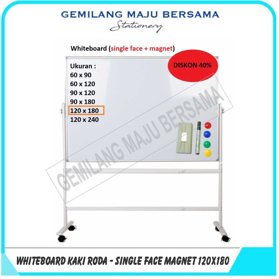 

Whiteboard / Papan Tulis + Kaki Roda 120 x 180 cm ( Singleface / Magnet)