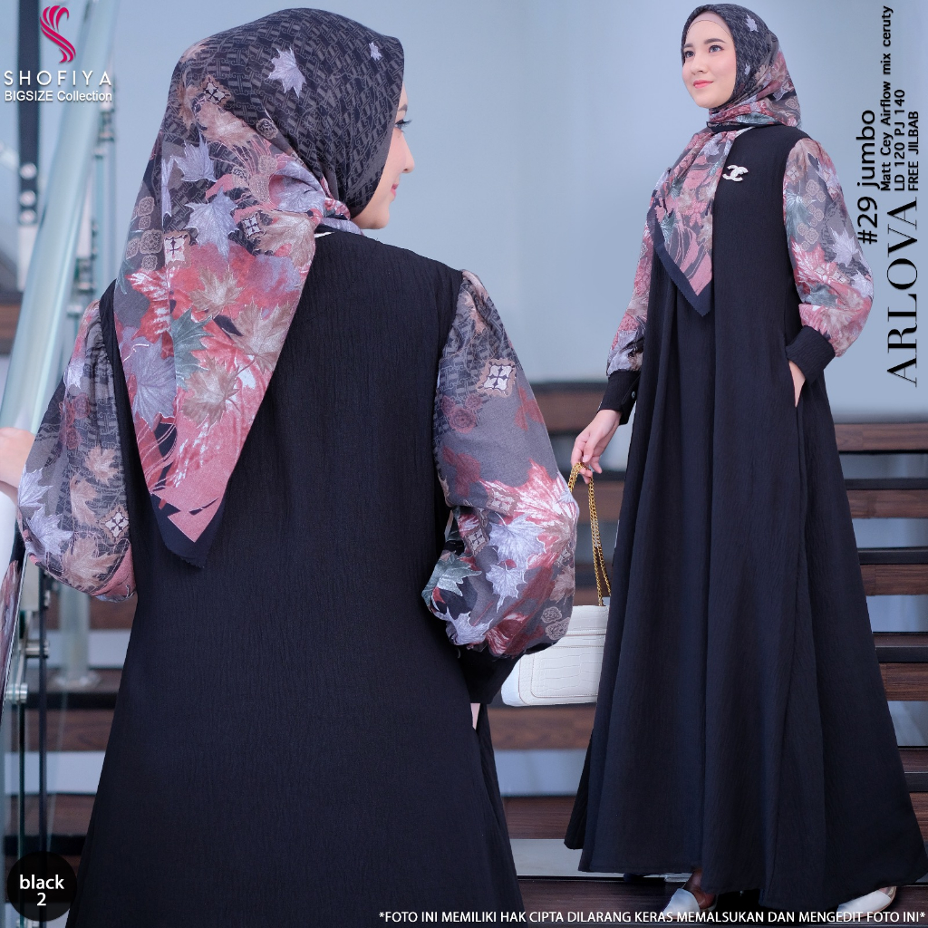 arlova29-blac dress jumbo ld 120 pakaian baju gamis syari gaun long dres longdress maxi maxy xxl one