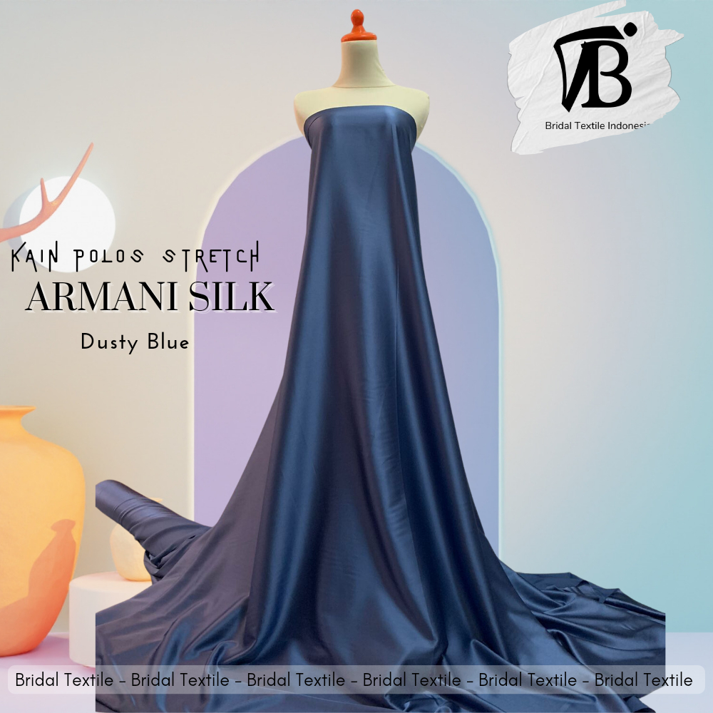 Kain Polos Satin Armani Armany Silk Stretch Melar Bahan Dress Kebaya Warna Biru Dusty Blue
