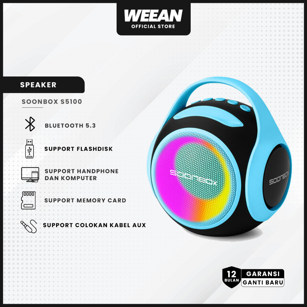 WEEAN Speaker Bluetooth Soonbox S5100 + Mic LED Light Speaker TWS Wireless Speker Bluetooth 5.3 Port