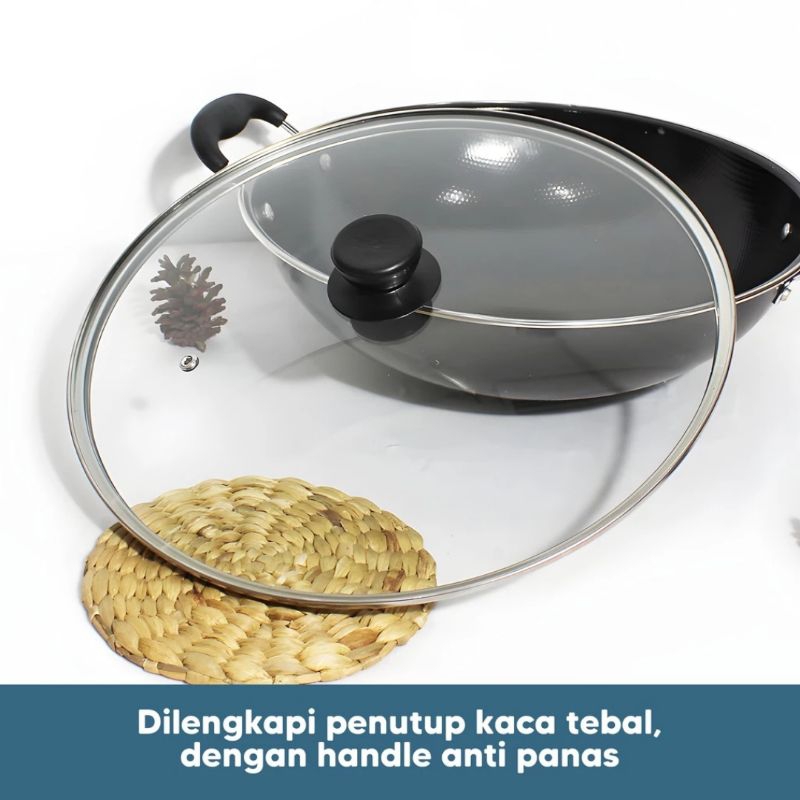 BEST DEALS Panci Goreng Tutup Kaca 34 Cm Wajan Kuali Wok Enamel Tumis Tutup Tahan Panas Serbaguna
