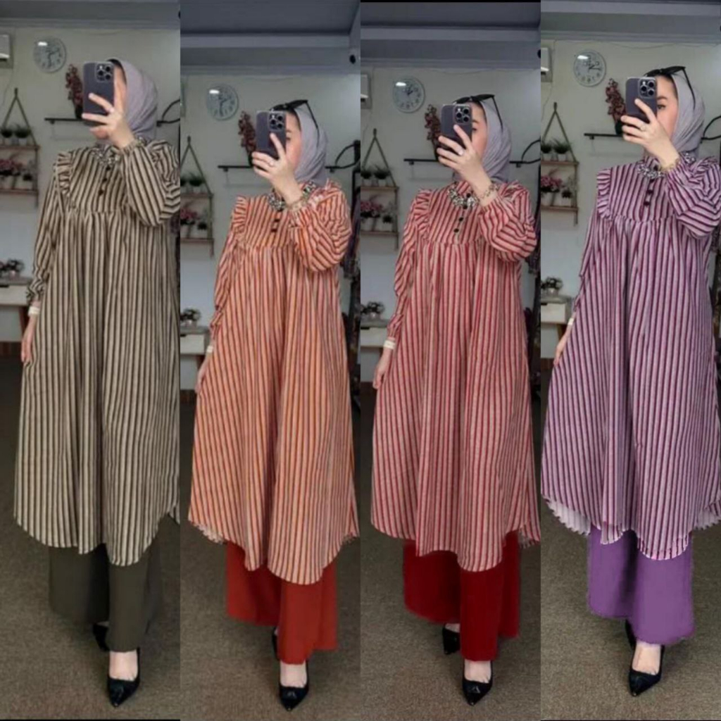 oneset long tunik salur setelan celana kulot crincle premium