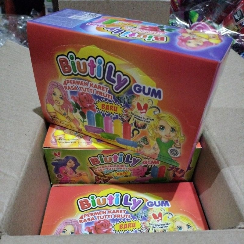 

PERMEN KARET RASA TUTTI FRUIT Biutily harga 1 box isi 24 pcs