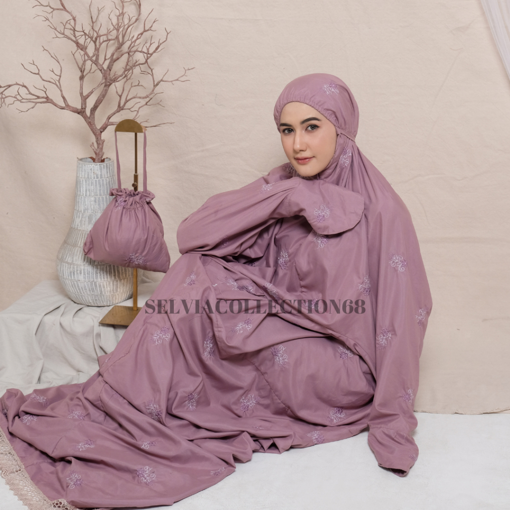 Mukena Terusan Dewasa Jumbo Bordir Bunga Melati 2in1 Katun Premium