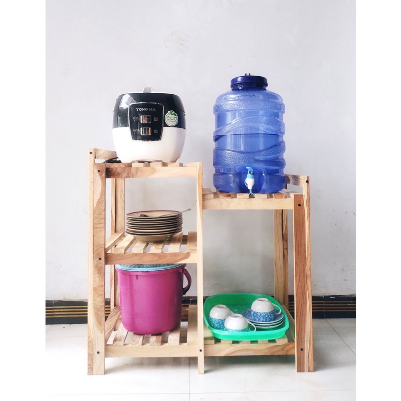 rak galon meja dispenser dan magic com  Rice Cooker susun 3 warna