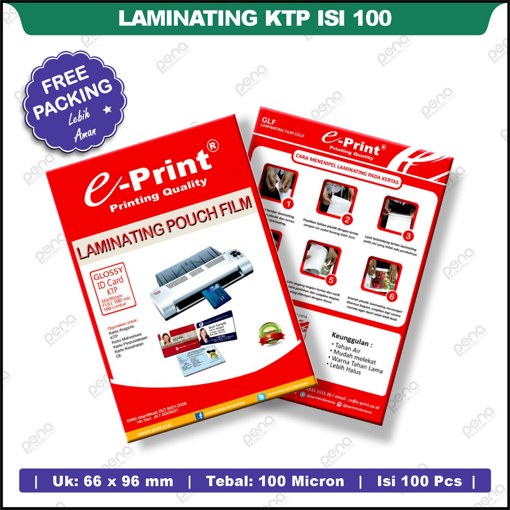 

E-print Laminating Pouch / Laminating KTP Eprint Film 66x96mm Full 100 Micron KTP Plastik Isi 100