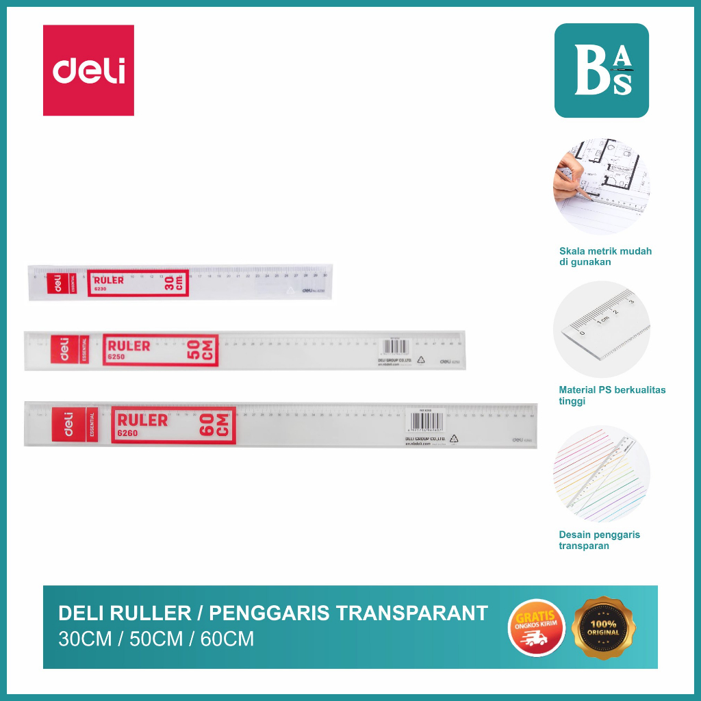 

Deli Ruller / Penggaris Transparant 30cm / 50cm / 60cm