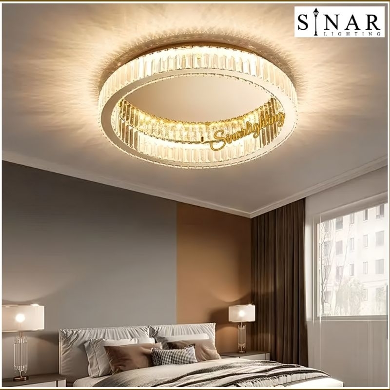 Lampu plafon Kristal REMOTE cincin bulat Gold M8050