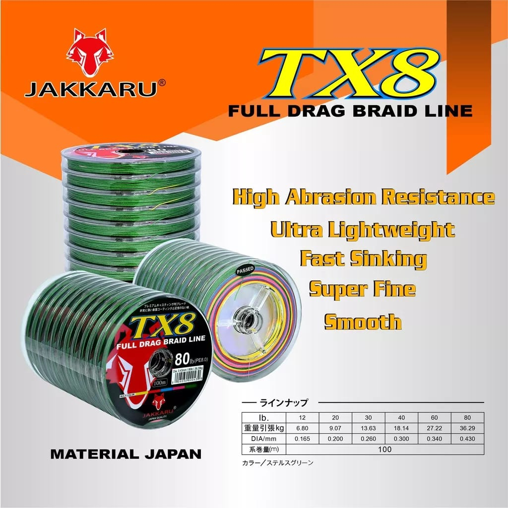 Benang PE Jakkaru TX8  PE 1.0-0.16mm/16lb, PE 2.0-0.20mm/20lb, PE 3.0-0.26mm/30lb,PE 4.0-0.30mm/40lb