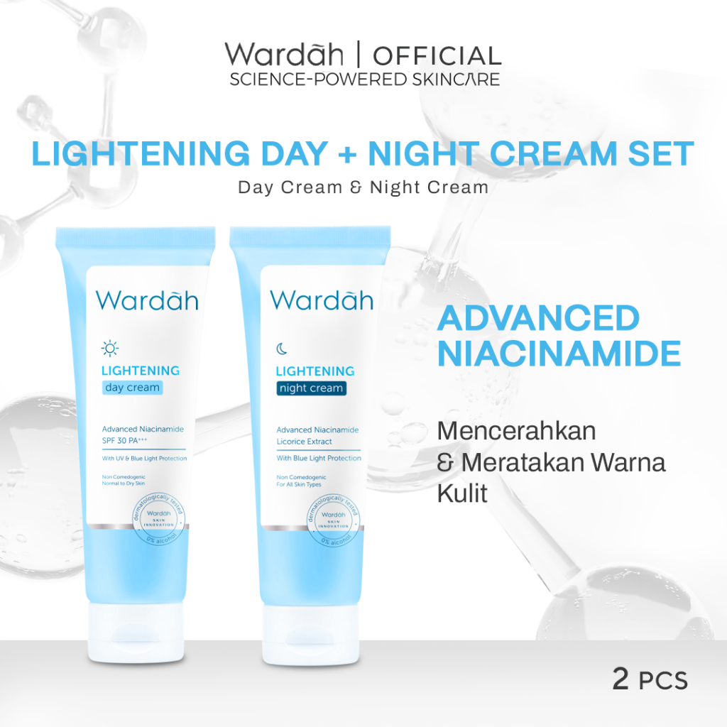 Wardah Lightening Paket Day + Night Cream 20 ml - Skincare dengan Advanced Niacinamine - Glowing Mencerahkan dan Menyamarkan Noda Jerawat - Untuk Semua Jenis Kulit