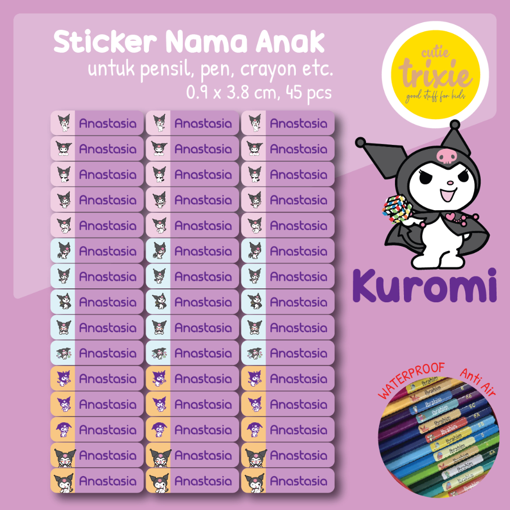 

Sticker label nama anak untuk pensil pen crayon Kuromi