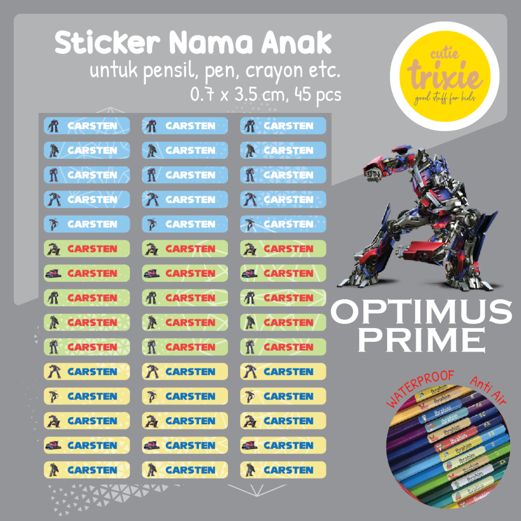 

Sticker label nama anak untuk pensil pen crayon Optimus Prime