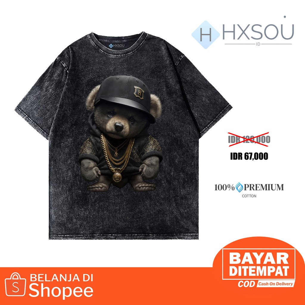 Hxsou Oversize T-shirt Unisex Washed / Baju Kaos Oversize Wash Bear C48
