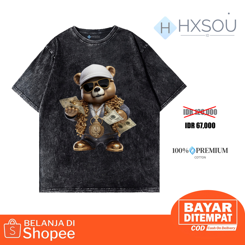 Hxsou Oversize T-shirt Unisex Washed / Baju Kaos Oversize Wash Bear C53